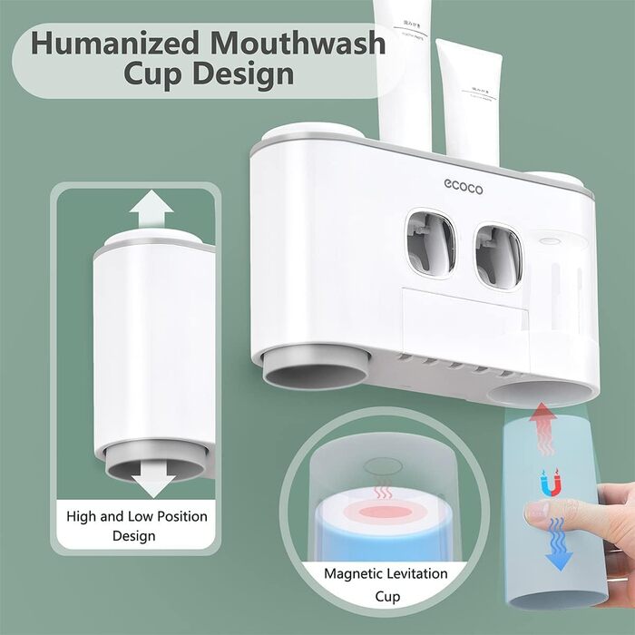 Toothbrush holder with toothpaste dispenser, wall-mounted for bathroom, bathroom organizer, storage accessory set for kids with 5 toothbrush holder slots