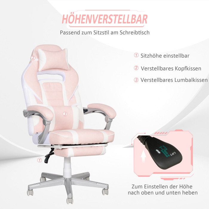 HOMCOM Gaming Chair with Footrest, Height-Adjustable Desk Chair with Head and Lumbar Cushion, Swivel Gaming Recliner with Adjustable Backrest, Faux Leather, Up to 120 kg, Pink | Aosom