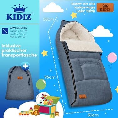 Kidiz® Baby Footmuff Baby Footmuff Winter Footmuff Car Seat with Zipper Snuggle Sack Baby Blanket Stroller Washable, Lockable Headrest, Pocket, Suitable for All Strollers, Jeans Grey