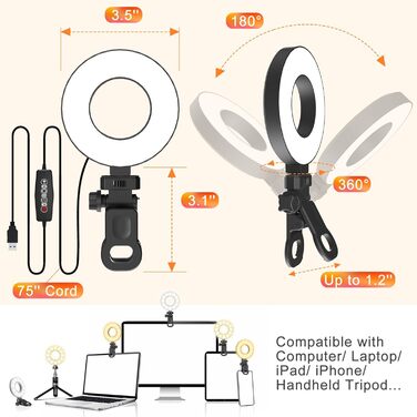 LED кільцева лампа для телефону та ноутбука, світло для селфі з 3 колірними температурами та 5 рівнями яскравості, USB світло для відеоконференцій, Zoom, YouTube, TikTok, макіяжу, фотографії, порожньою конструкцією