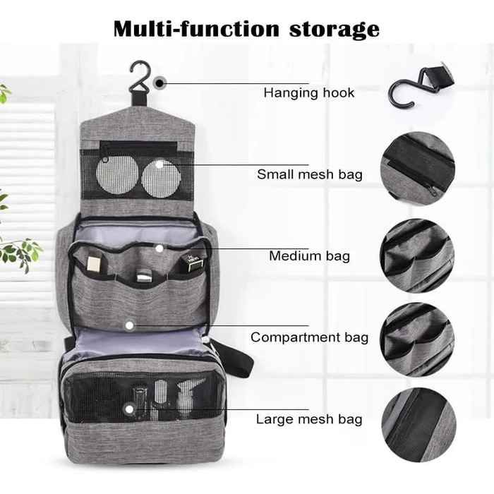 Чоловіча туалетна сумка-органайзер для підвішування, сіра. Водонепроникна дорожня туалетна сумка з гачком