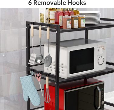 Підставка для мікрохвильової печі Todeco, 3-рівнева, регульована, з 6 гачками, чорна, до 25 кг, 36-60 x 36 x 44 см