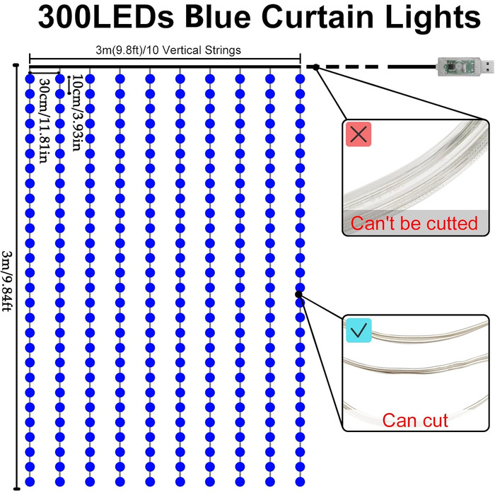 Лямпас світлодіодний Yizhet 3x3м, 300 LED, тепле біле світло, IP65, 8 режимів, для декору вечірки, свята, Нового року, тераси (блакитний)