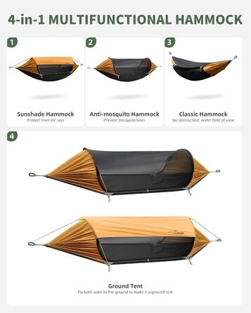 Гамак для кемпінгу 4-в-1 з москітною сіткою та знімним сонцезахистом, 290x140 см, для відпочинку на природі, пікніків, походов та подорожей. Армійний зелений та помаранчевий кольори.