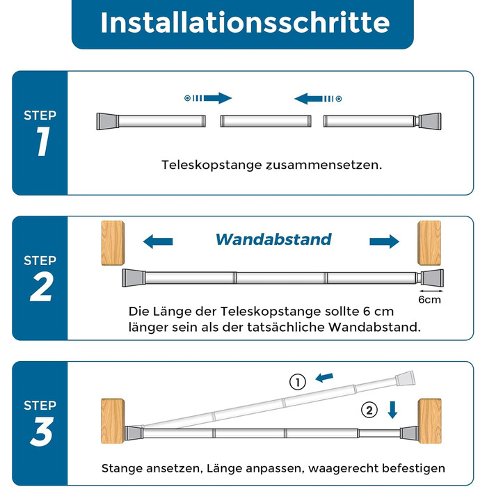 Штанга для штор без свердління AIZESI, 70-120 см, телескопічна, діаметр 22 мм, срібна