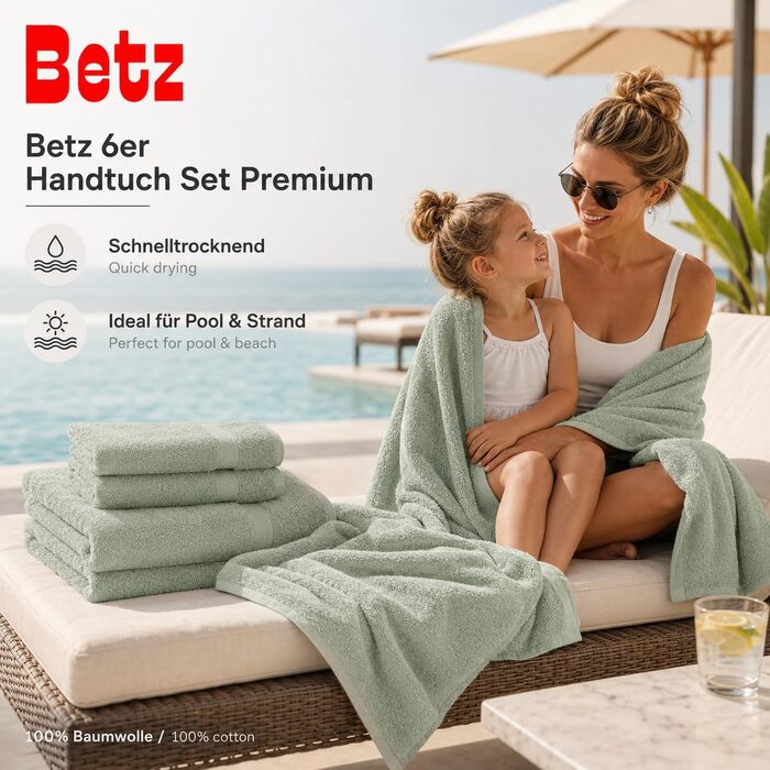 Набір рушників для ванної Betz Premium, 6 шт. (4 шт. 50x100 см, 2 шт. 70x140 см), 100% бавовна, колір сірий-зелений (Heugrün)