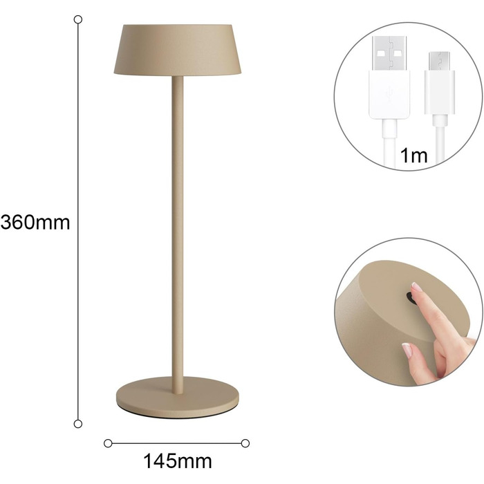 LED-лампа на акумуляторі K-Bright (2 шт.) - бездротова, тепле світло 3000K, регульована яскравість. Підходить для обіднього столу, читання, спальні, саду та ін. Хакі
