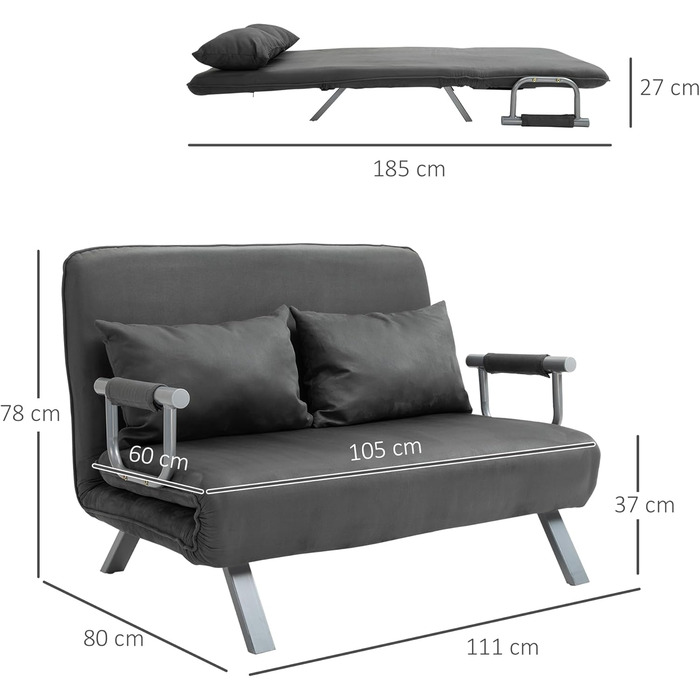 HOMCOM Convertible Sofa Bed with Adjustable Backrest, Throw Pillows, and Sleep Function