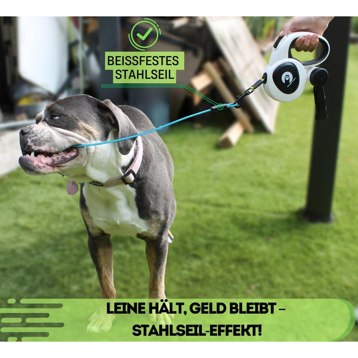 Snuggle Paws Retractable Dog Leash - 5m LED Light, Poop Bag Dispenser, Chew-Proof Steel Cable, Reflective Nylon Band | Extendable Leash for Small Dogs up to 20kg
