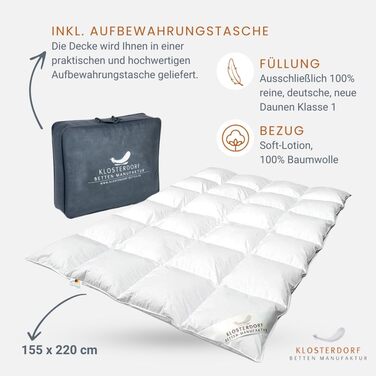 Klosterdorf Bed Manufacturing Premium All-Season Duvet | ''Heimatliebe'' (Home Love) | 155x220 cm | 600 grams | LIGHTWEIGHT | Down Duvet | Comforter | Handcrafted in Germany | For a healthy sleep | 100% pure new German down Class I 155x220 cm / 600 grams