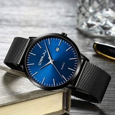 Годинник чоловічий CRRJU ультратонкий водонепроникний з чорним мікросітчатим ремінцем з нержавіючої сталі, аналоговий кварцовий годинник для бізнесу (Чорний, Синій)