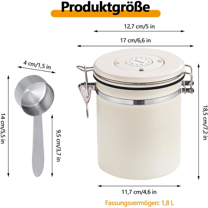 Герметичний контейнер для кави з нержавіючої сталі, 1.8L, з мірною ложкою та індикатором дати, для кави, чаю, горіхів, какао, зберігає свіжість