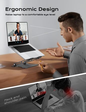 Adjustable Laptop Stand for Desk - Portable Aluminum Laptop Riser, Foldable, HP Compatible (10-16 inch), Space Black