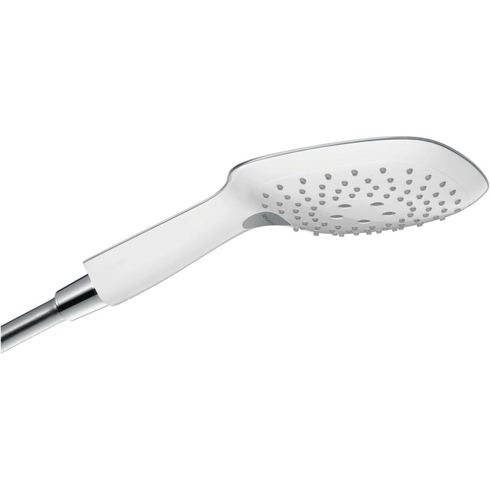 hansgrohe Raindance Select E - Showerhead, Hand Shower with square shower panel (150 x 150 mm), showerhead with anti-limescale function, 26550000 (3 spray patterns with water-saving function, white/chrome)