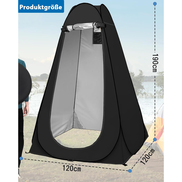 Намет для душу Pop-up, 2 вікна, 120x120x190 см (Чорний). Переносний умивальник для пляжу, кемпінгу, риболовлі