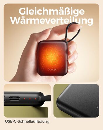 Електричні грілки для рук Ocoopa 2 шт. з акумулятором 4000mAh, USB, 3 режими нагріву, до 52°C, подарунок на Новий рік, для зими, катання на лижах, подорожей та активного відпочинку, UT5 Nano Wiesengeflüster (Ocoopa x Künstleredition), чорний