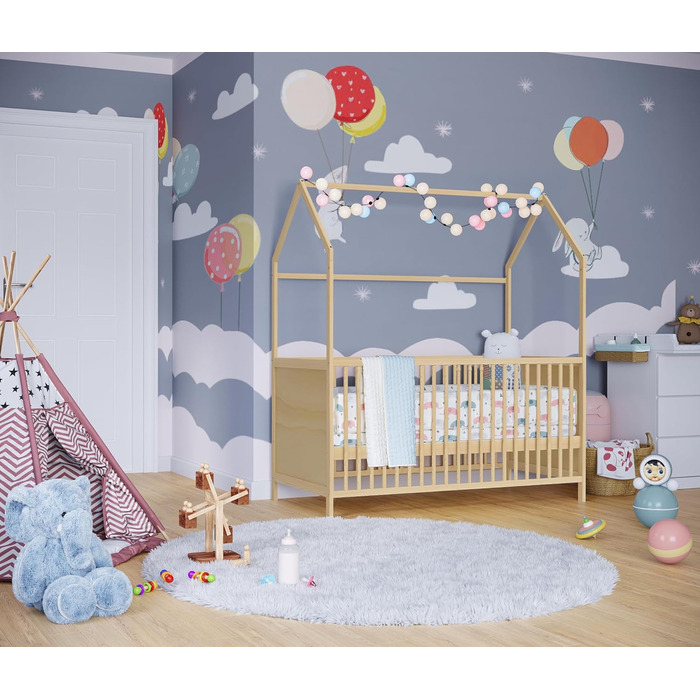 Bellabino Nika Babybett in House Design 70 x 140 cm, cot and house bed for children and babies made of solid pine wood in natural finish, 3-fold height adjustable including slatted base.