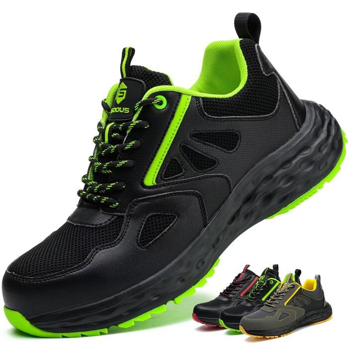 Черевики безпеки ISOOUS для чоловіків та жінок. Легкі, дихаючі, антиковзкі кросівки з пластиковим носком. Ідеально підходять для кухні, спорту. Розмір 47 EU, чорний/зелений.