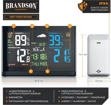 Brandson Weather Station with Color Display - with Outdoor Sensor - DCF Radio Clock Reception Signal - Indoor and Outdoor Temperature - Relative Air Pressure - Barometer - Temperature Trend – Light Sensor - LCD Display