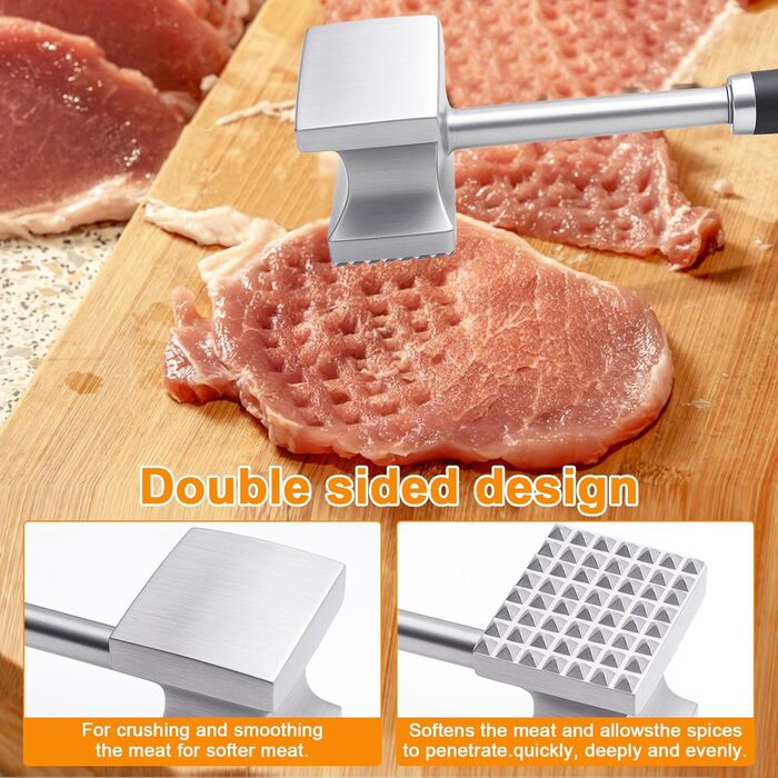 Дружил Фляйшхаммер 27 см з нержавіючої сталі - двосторонній молоток для м'яса з плоскою та зубчастою поверхнею, професійний кухонний молоток для шніцелів, стейків, котлет, яловичини, курки (стійкий до корозії та гігієнічний)