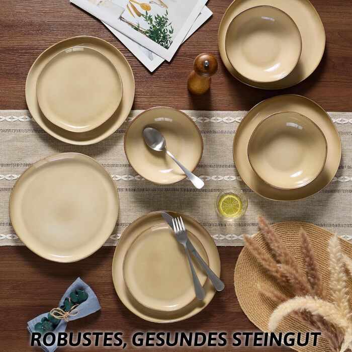 Набір посуду Joyfair на 6 осіб, 18 предметів, з каменю, тарілки, миски, для мікрохвильовки та посудомийної машини, реактивний пісковий хакі