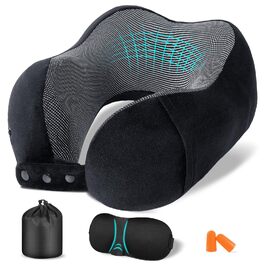 Подушка для шиї у літак, доросла, з піною з пам'яті, регульована, з маскою для сну та берушами, чорна
