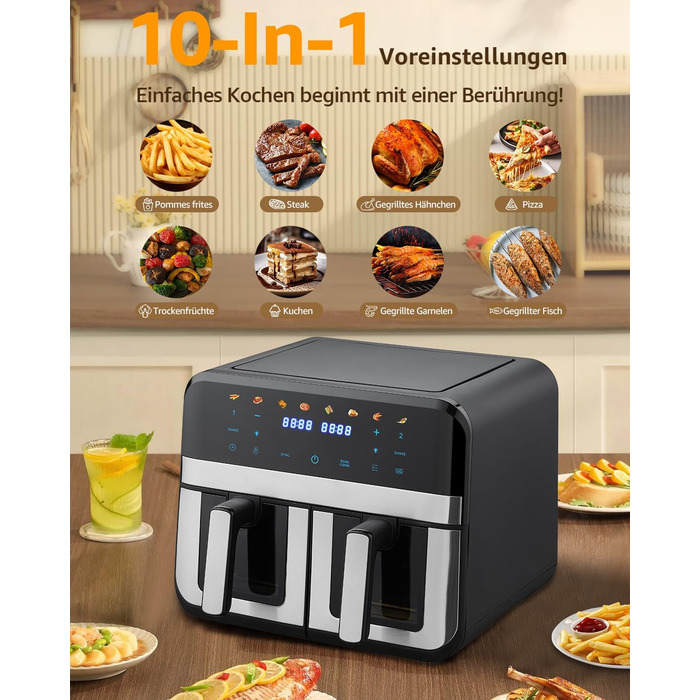 Фритюрниця повітряна Jacgood з 2 кошиками, 1800W, 9L, цифрове керування, 8 меню, з прозорим вікном