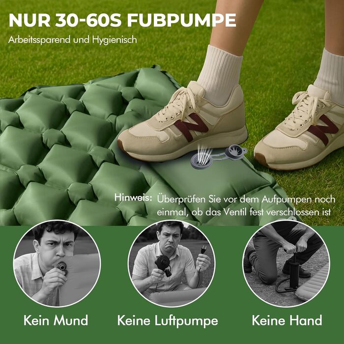 Надувний килимок для кемпінгу самонадувний Ultraleichte 195x60 см з вбудованою подушкою та помпою, водонепроникний, зелений