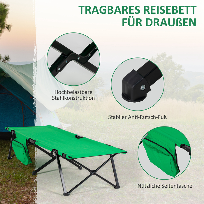 Outsunny Folding Camping Bed - Supports up to 136 kg - Folding Field Bed with Side Pocket - Oxford Green & Black - 200 x 73 x 49 cm - for Outdoor & Travel