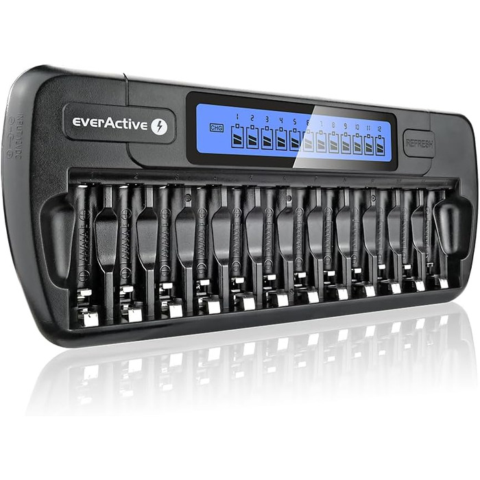 Зарядний пристрій everActive для 12 акумуляторів AAA/AA, швидка зарядка (4 години), LCD дисплей, режим оновлення, адаптер для автомобіля, модель NC-1200