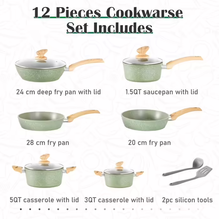 Kitchen Academy Cookware Set 12-Piece Non-Stick Coating Cookware Set, Pot and Pan Set with Lids, Pots and Pans Set for Induction, Gas Stoves, and Microwave, Green