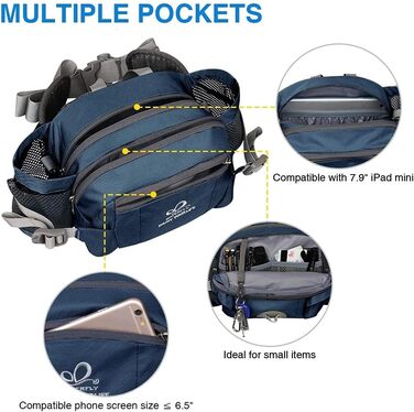 Водонепроникна поясна сумка Waterfly з відділенням для пляшки, регульованим ременем, кишенею для телефону, для хандрінігу, піших прогулянок, подорожей та кемпінгу (Темно-синій)