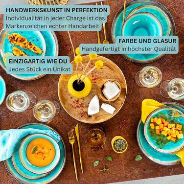 SÄNGER | Capri Dinnerware Set, 12-Piece, Plate Set for 4 People, Stoneware Dinnerware including Dinner Plates, Dessert Plates & Deep Plates, Turquoise Blue Tableware Set with Grey Rim | PREMIUM COLLECTION 12-Piece Dinnerware Set