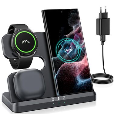 Seacosmo Бездротова зарядна станція 3-в-1, 18W для Samsung Galaxy Watch 8/7/Ultra/6/5/4/3/Pro, S24/23/22/21/Plus/Ultra та Buds