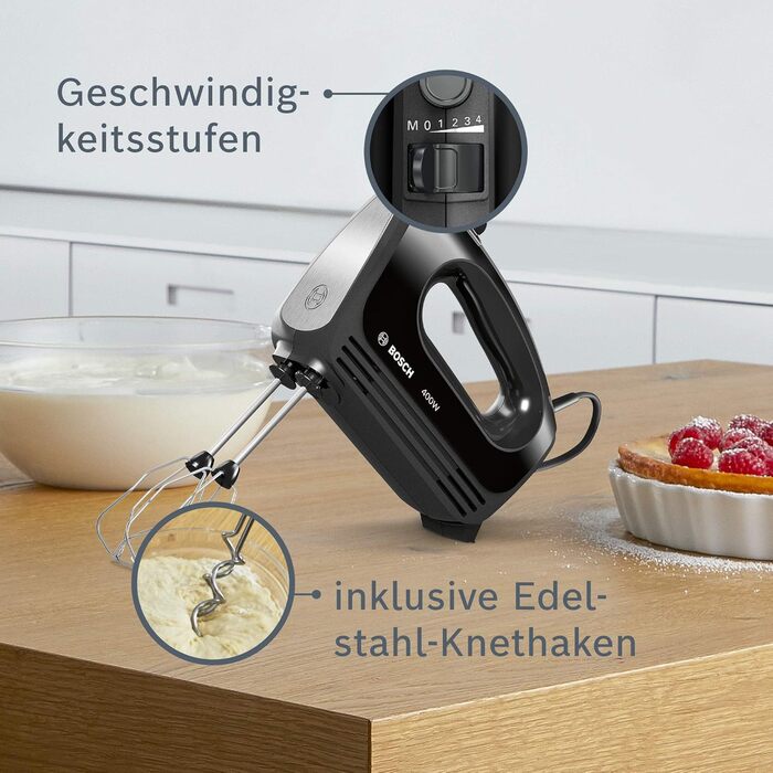 Ручний міксер Bosch CleverMixx MFQ2420B: 2 вінчики, 2 гачки для тіста, 400 Вт, чорний