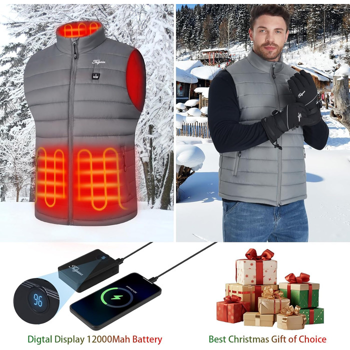 Електрична грійна жилетка для чоловіків Telguua з powerbank 12000mAh, 3 температурні режими, 4 зони обігріву, USB, для катання на лижах та роботи на вулиці (Сірий)