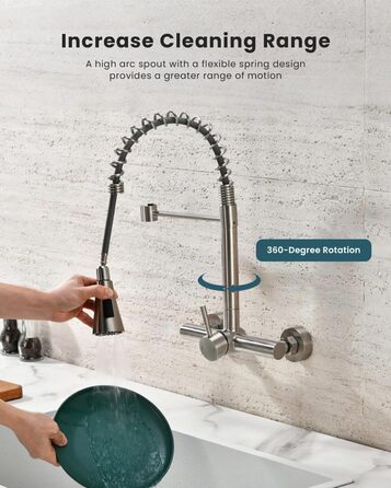 Змішувач кухонний настінний DAYONE з висувною лійкою, нержавіюча сталь, 3 режими, 360° обертання, відстань між отворами 15 см, матовий