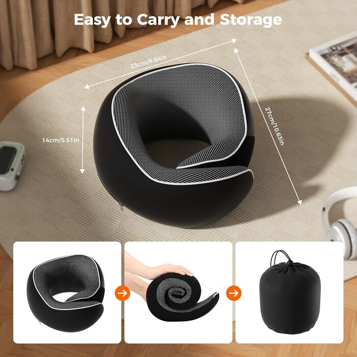 Подушка для шиї у подорожах: Memory Foam, регульована, з навушниками та маскою для сну (Чорний)