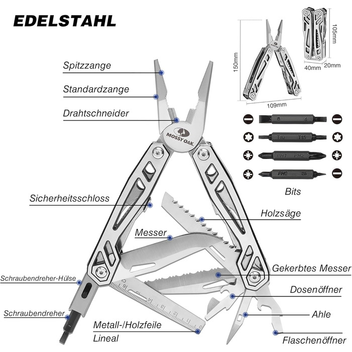 Мультитул Mossy Oak 21 в 1 з мультиінструментом, плоскогубцями та складним ножем для кемпінгу, туризму та ремонту, з нержавіючою сталею, з сумкою