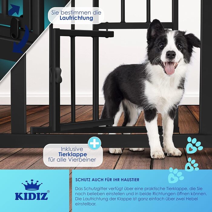Захисне ворота KIDIZ для котів з люком, захист для дверей, ворота на сходи для дітей без свердління | Зупинка 90°, поворотні, білий колір, ширина (88-101 см)