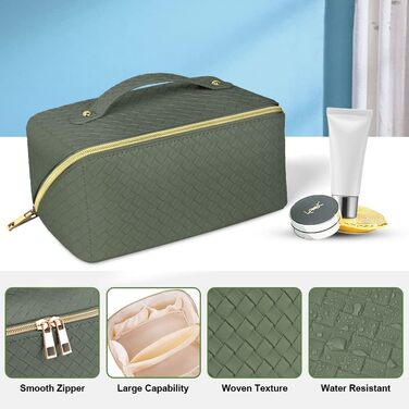 Косметичка для подорожей з PU шкіри, велика містка, водонепроникна, органайзер для туалетних аксесуарів (зелений колір, плетіння)