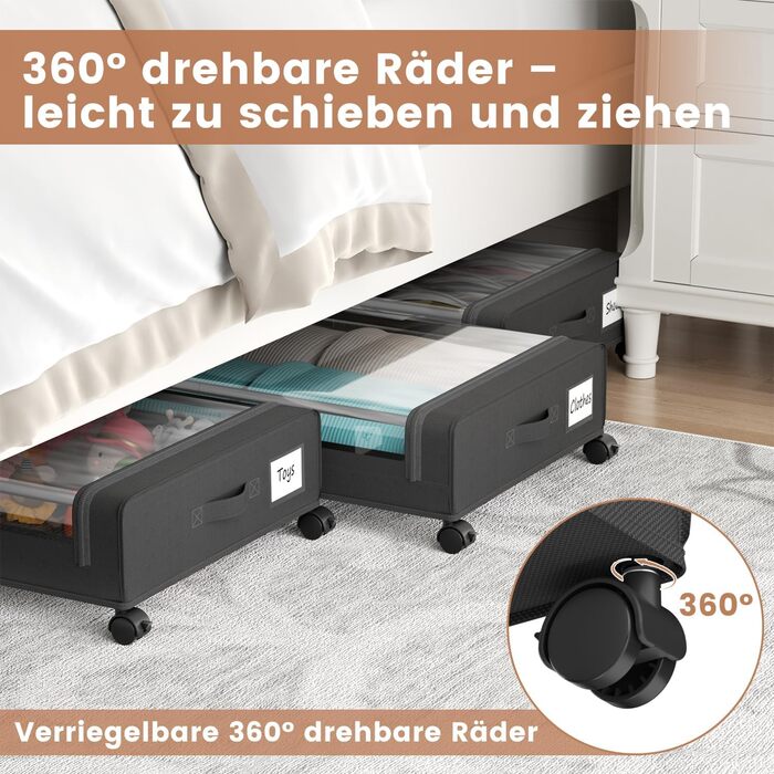 Коробки для зберігання під ліжко PHINOX з колесами, 2 шт (74x42x16 см) - місткі контейнери для одягу, взуття, іграшок з прозорою кришкою