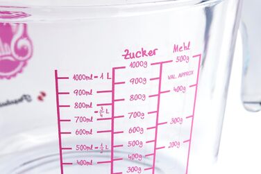 Measuring cup made of borosilicate glass in milliliters and grams, cold and heat resistant (microwave safe), with non-slip and ergonomic handle (1 liter) Transparent