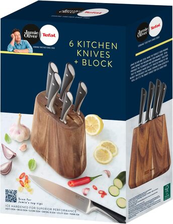 Набір кухонних ножів Jamie Oliver by Tefal (5 предметів) + блок: шеф-ніж, сантоку, ніж для хліба, універсальний ніж, ніж для овочів, сталь, акація, коричневий K267S556