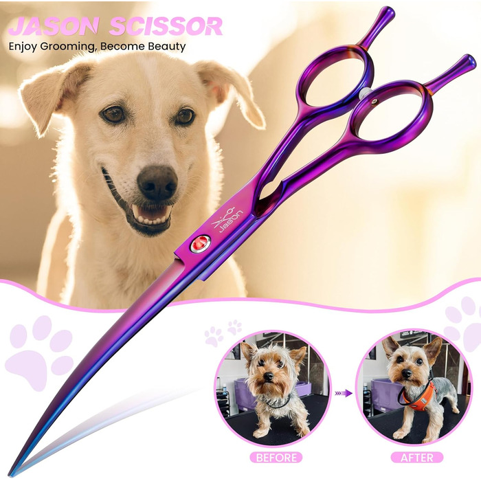 Професійна вигнута ножиця для собак JASON - 7,5' ножиця для грумінгу собак з японської нержавіючої сталі. Ножиці для догляду за шерстю собак та котів (вигнуті, фіолетові)
