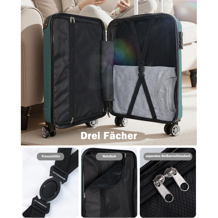 Набір валіз Boleedy 3шт (55/66/76 см), Trolley, жорсткий корпус, 360° обертання, тихі колеса, телескопічна ручка, темно-зелений