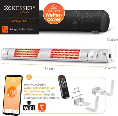 Інфрачервовий обігрівач KESSER® 3000W з LED-підсвічуванням, WiFi та пультом дистанційного керування. Підходить для тераси, кафе, бару. Обігрівач на стіну, кварцовий, з захисним чохлом.