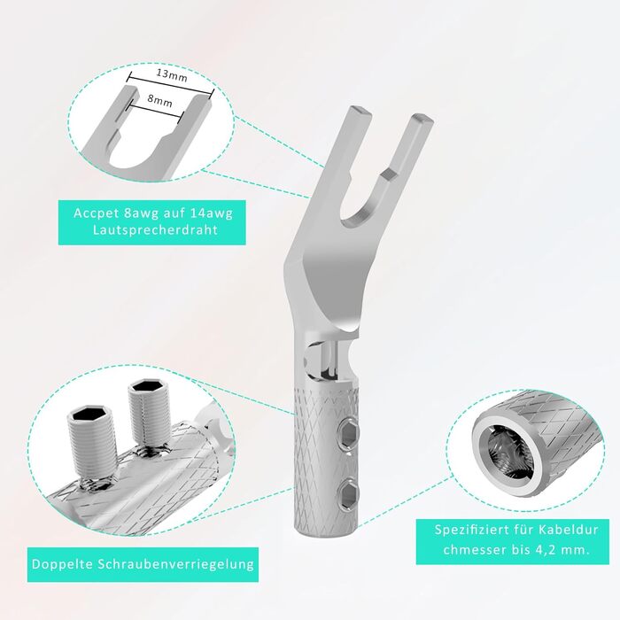 Конектори для акустичних кабелів Monosaudio SY1508R, позолочені (родий), Y-подібні плоскі клеми з гвинтовим затискачем, 8 шт. (для кабелів до 4,5 мм)