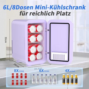 YASHE Mini Fridge - 6 Liter / 8 Can Portable Cooler - Thermoelectric Cooler for Bedroom, Skincare, Drinks, Office, Dorm & Car (Purple)