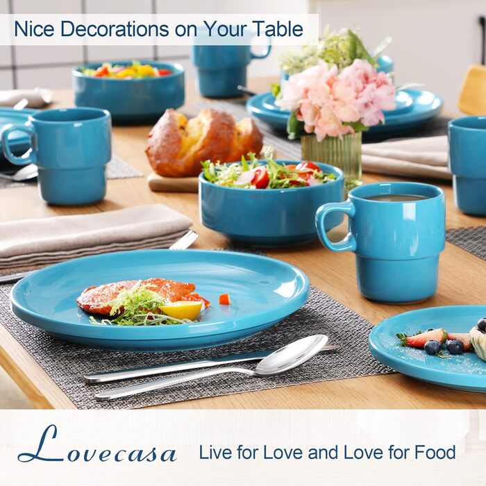 Посуд Lovеcasa 16 предметів: набір для 4 осіб (тарілки, чашки, десертні тарілки, миски), блакитний